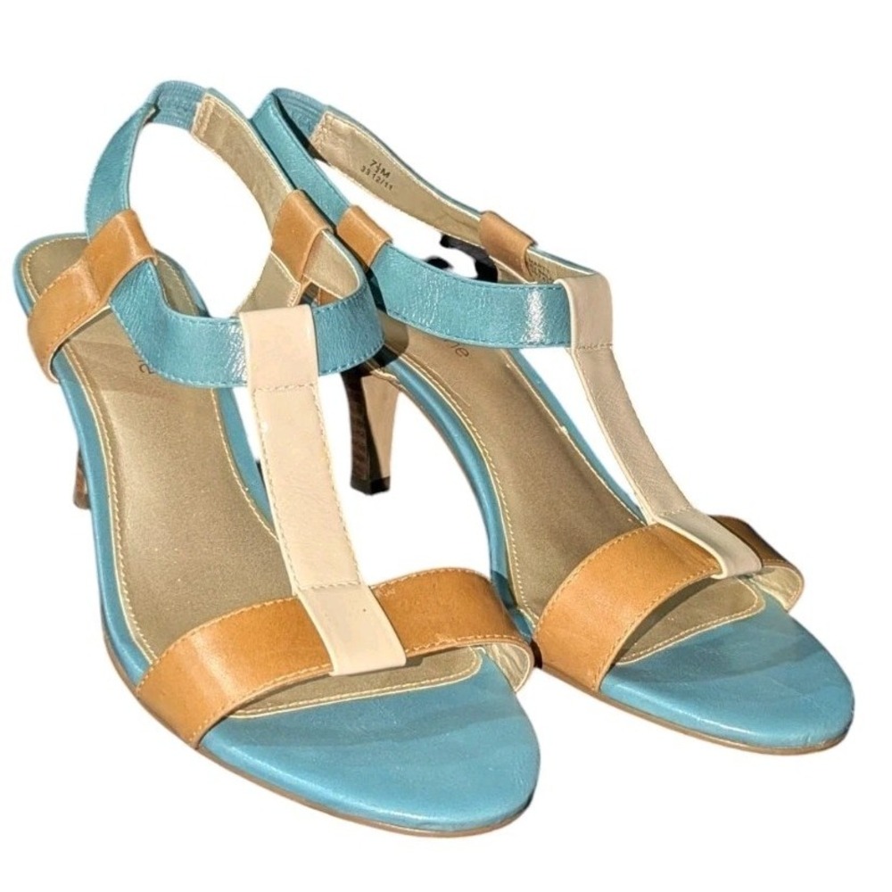 Vintage Liz Claiborne Colorblock T-Strap Slingback Heels Teal Tan Cream 7.5M